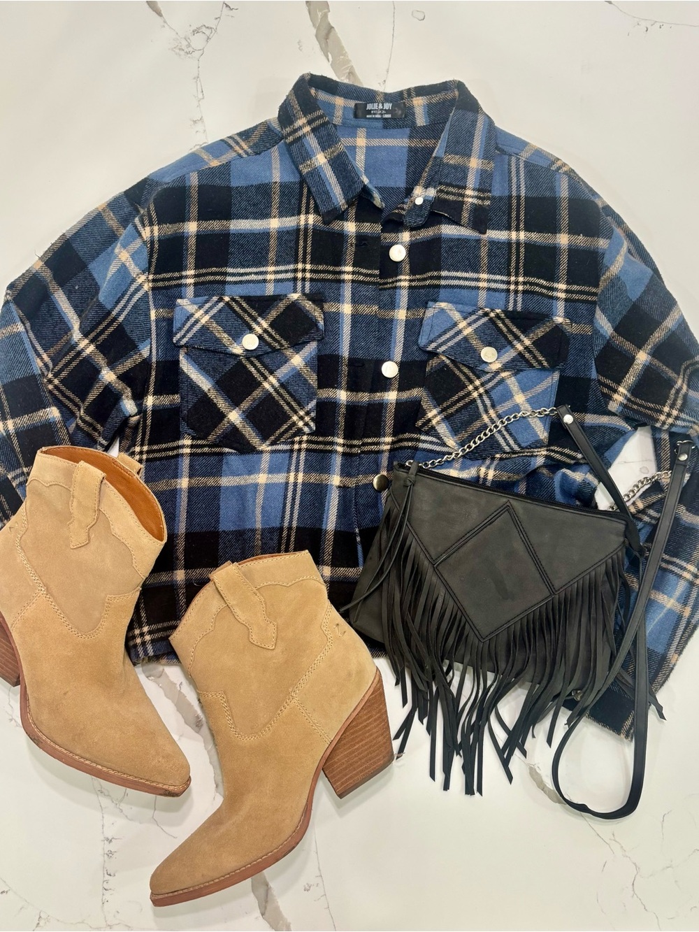 Jolie and Joy Women’s Blue & Black Plaid Flannel Shirt Jacket